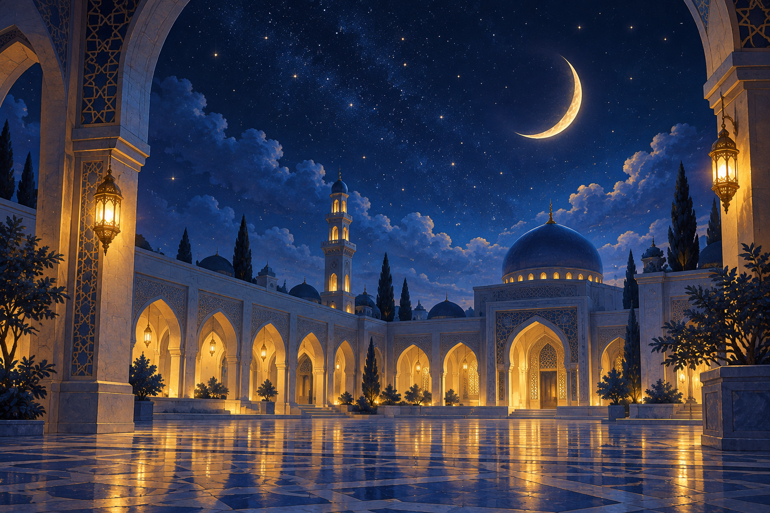 Illustration of a peaceful mosque courtyard beneath a crescent moon, with warm lantern light and a deep blue sky
